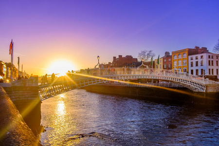 penny Bridge over the river Liffey at sunset, Dublin, Ireland, M