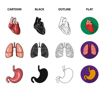 心肺胃胰人体器官集合图标在卡通, 黑色, 轮廓, 平面风格矢量符号股票插画网站