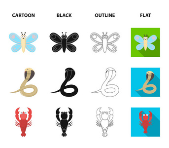一个不切实际的卡通, 黑色, 轮廓, 平面动物图标集合为设计。玩具动物矢量符号股票 web 插图