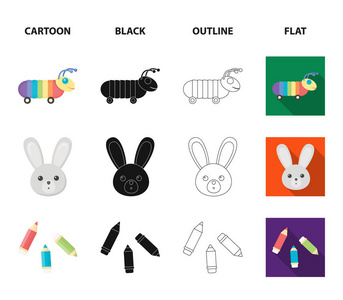 儿童玩具卡通, 黑色, 轮廓, 平面图标集合为设计。游戏和摆设矢量符号股票 web 插图