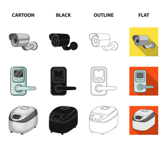 家电和设备卡通, 黑色, 轮廓, 平面图标集集合为设计。现代家电矢量符号股票 web 插图