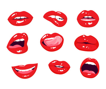 红唇收藏。女人嘴里含着吻, 微笑, 舌头和牙齿被隔离在背景上。在白色上隔离