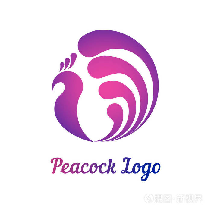 有尾巴的孔雀的五颜六色的风格轮廓. 圆形. 矢量标志模板概念说明.