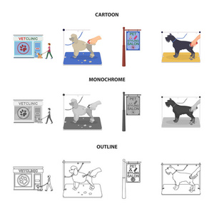 参观一个兽医诊所, 一个时尚沙龙的招牌, 宠物, 理发的狗。兽医诊所和宠物, 狗护理集合图标在卡通, 轮廓, 单色矢量符号股票