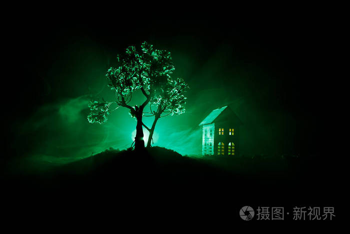 晚上在森林里有鬼魂的老房子, 或者在大雾中遗弃了闹鬼的恐怖屋.