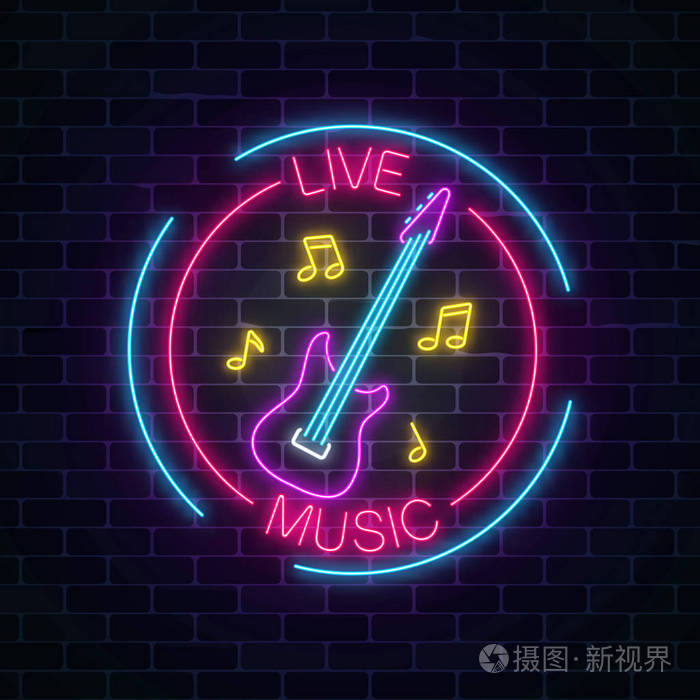 在砖墙背景上有现场音乐的酒吧霓虹灯标志.广告发光招牌的音响咖啡馆