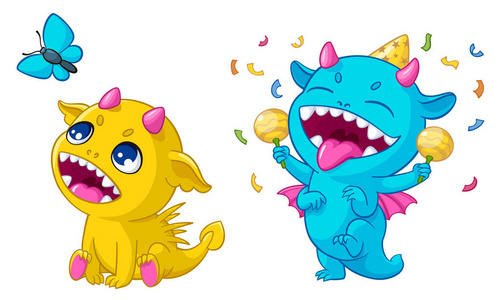 卡通怪物播放矢量滑稽可爱的恐龙生物游戏的孩子生日或 t恤衫打印设计