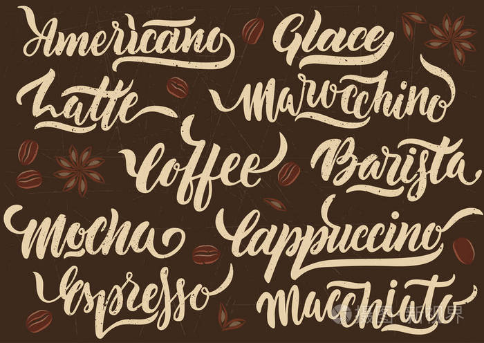 棕色背景下不同类型咖啡的手写白色书法名称. 海报菜单卡的概念.