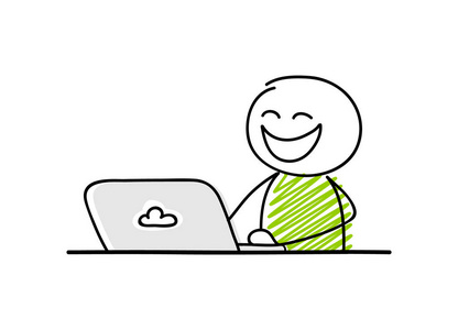 有趣的商人卡通粘手在他的笔记本电脑上工作. 兴奋的面部表情. 矢量.