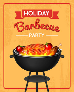 烧烤炉元素设置在红色背景上隔离。烧烤派对海报。夏季时间。肉类餐厅在家里。带有工具调味汁和食物的木炭壶。厨房设备的菜单。户外烹饪