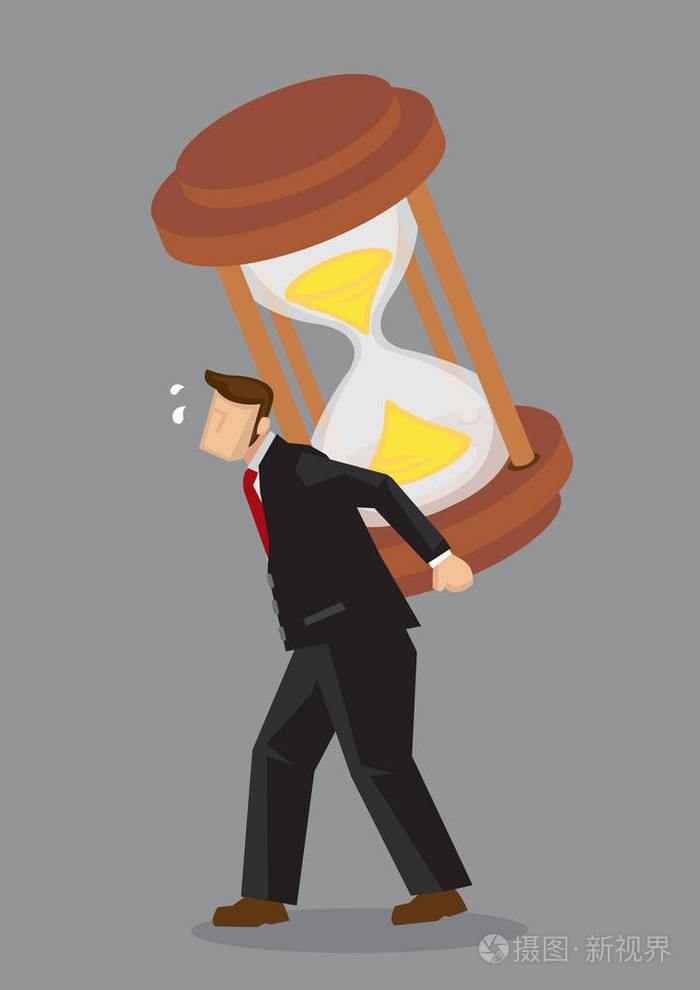商人背着一个巨大的沙漏在他的背部卡通矢量