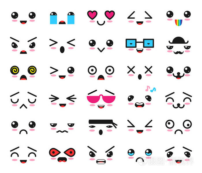 可爱表情符号矢量卡通情感特征与表情图解日本 emoji 表情的情感集合