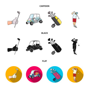 戴手套的手拿着棍子一辆高尔夫球车一个装着棍子的手推车袋, 一个人用棍子锤打。高尔夫俱乐部集合图标在卡通, 黑色, 平面式矢量