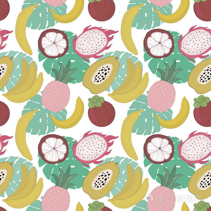 在白色背景上.明亮的夏日插图.水果混合设计的织物和装饰.手绘.