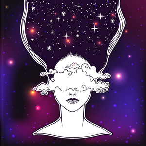 时尚女神那个脸上有云彩的漂亮女孩. 女性肖像或夜间女神.