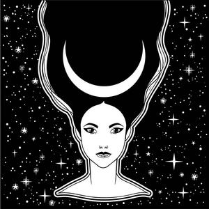 女性肖像或夜间女神. 孤立矢量插图. 幻想灵性神秘纹身.
