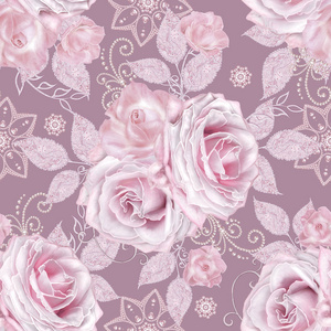 无缝图案。 装饰装饰，佩斯利元素，细腻的纹理银叶，由薄花边和珍珠线的珠芽，粉彩玫瑰。 开放式编织细腻。