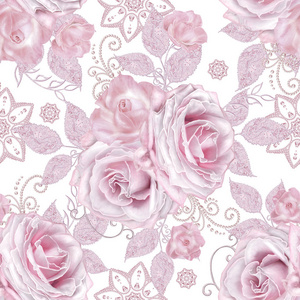 无缝图案。 装饰装饰，佩斯利元素，细腻的纹理银叶，由薄花边和珍珠线的珠芽，粉彩玫瑰。 开放式编织细腻。