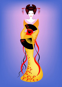 日本或亚洲女孩肖像, 传统风格与日本和服, madama 蝴蝶风格。传统艺妓五颜六色的服装和服, 传统服饰, 缎族服饰。矢量动漫
