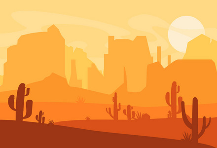 西部得克萨斯沙漠剪影的向量例证。狂野的西美洲场景以日落在沙漠与山和仙人掌在平的卡通样式