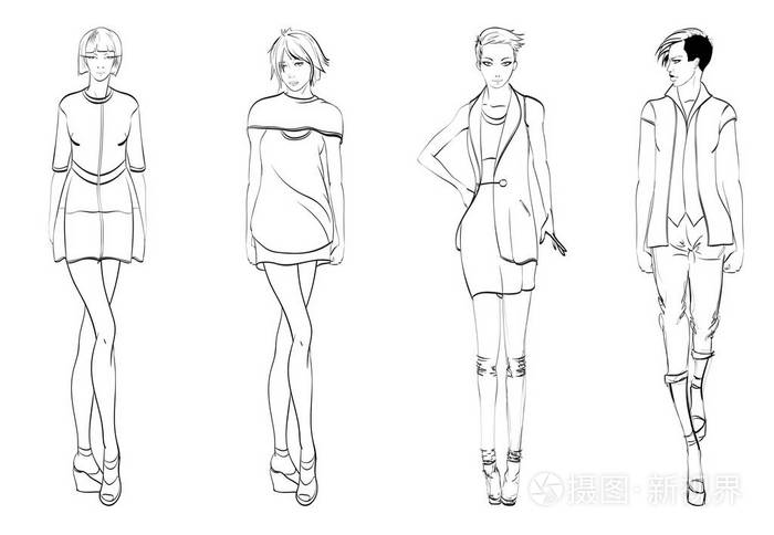 插画 时尚时装模特.漂亮的年轻女孩时尚女孩素描.eps