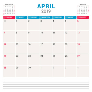 2019年4月日历规划师。星期从星期日开始。可打印矢量信纸设计模板