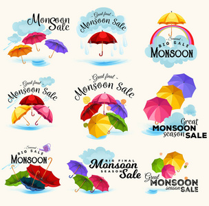 销售横幅, 为季风季节的海报雨滴, 五颜六色的伞在天空与文本空间背景, 湿天气模板特别提议向量例证