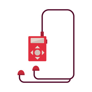 红色音乐播放器, 耳机被隔离在白色背景上。带立体声耳机的数字录音录音机