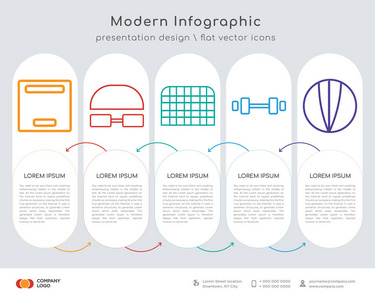 信息图形设计矢量和计算器，潜水员，监狱，杠铃，足球图标可用于工作流布局，图表，年度报告，网页设计。有5个选项步骤或