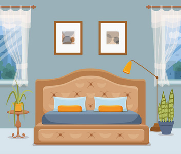 多彩的插图酒店公寓家具床, 床头桌, 台灯, 房子植物