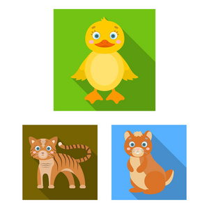 玩具动物的平面图标集合中的设计。鸟, 捕食者和草食动物矢量符号股票 web 插图