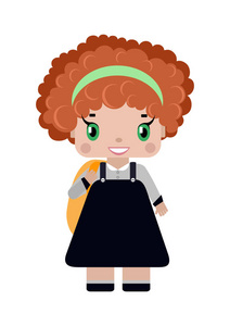 穿着校服的红色卷发的小女孩,书包微笑一年级.卡通风格照片