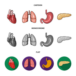 心肺胃胰人体器官集合图标在卡通, 平面, 单色风格矢量符号股票插画网站