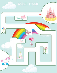 幼儿简笔画城堡迷宫游戏儿童可打印游戏. 矢量图. 学前幼儿园工作表.