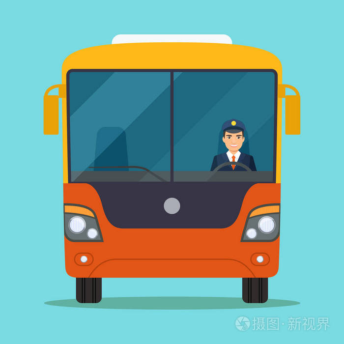 插画 乘客公共汽车,窗户里有微笑的司机 矢量平面样式插图eps