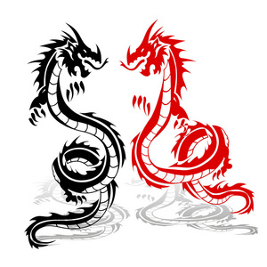 两龙红黑, 在战斗中, 在白色 backgro 的剪影照片
