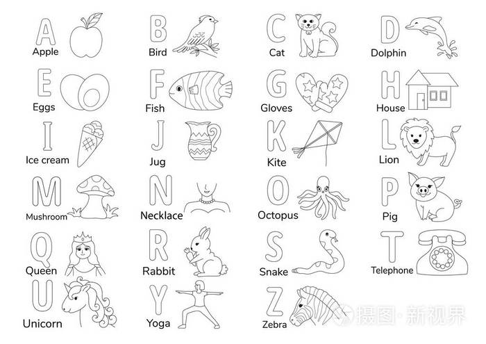 无色字母与插图a至z为彩色书籍页的儿童英语字母学习工作表向量