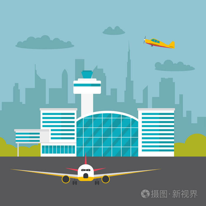 插画 平面矢量机场航站楼,飞机在跑道上. 旅行概念.eps