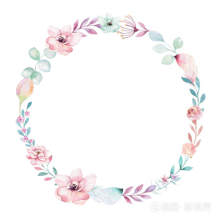 水彩花花环的幻想风格孤立在白色背景上
