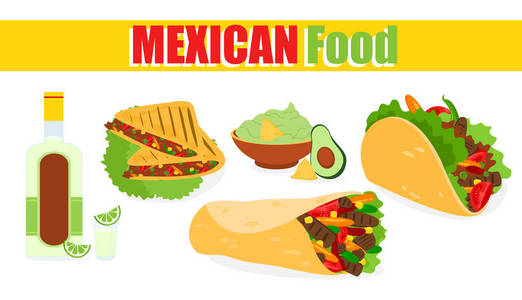媒介例证传统墨西哥食物, 标签在白色背景。墨西哥民族菜, 玉米卷, 鳄梨酱, sambuca, 菜单设计元素的扁平风格