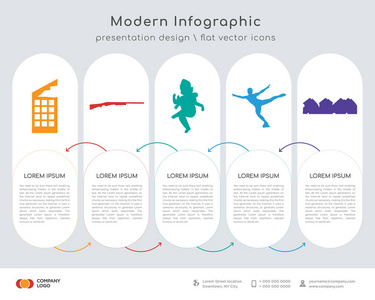 信息图形设计矢量和地震丹麦图形滑冰者一排房屋图标可用于工作流布局图年报网页设计。 业务概念与5个选项