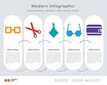 信息图形设计矢量和眼镜剪刀瓶圆形眼镜钱包图标可用于工作流布局图年报网页设计。 具有5个选项步骤或5个选项步骤的业务概念