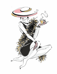 优雅的女人戴着帽子，手里拿着一杯咖啡。时尚模特。复古海报，卡片，邀请函。矢量图。复古风格。