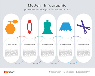 信息图形设计矢量和香水瓶，安全别针，女性时尚，裙子黑色短，剪刀图标可用于工作流布局，图表，年度报告，网页设计。业务概念