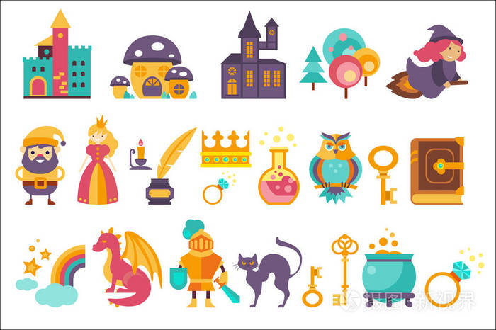 童话布景, 公主, 公主, 城堡, 侏儒, 女巫, 龙, 彩虹, 骑士和其他元素
