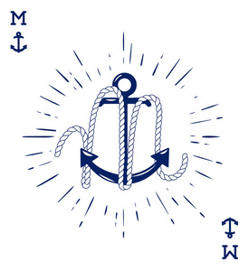 老式标签与锚和字母制成的船绳。 服装T恤或海报设计。 带有扑克牌风格的标志型字母。 矢量图。