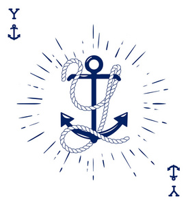 扑克牌海报老式标签与锚和字母制成的船绳. 服装t恤或海报设计.
