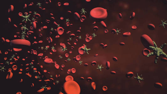 病毒在生物体内。在健康细胞中生存的微小病毒细胞。高清晰度。3d. 通过动脉血流的红细胞动画