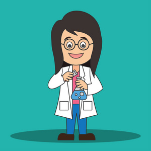 药剂师女人卡通人物科学家妇女在实验室做研究和分析. 卡通人物.