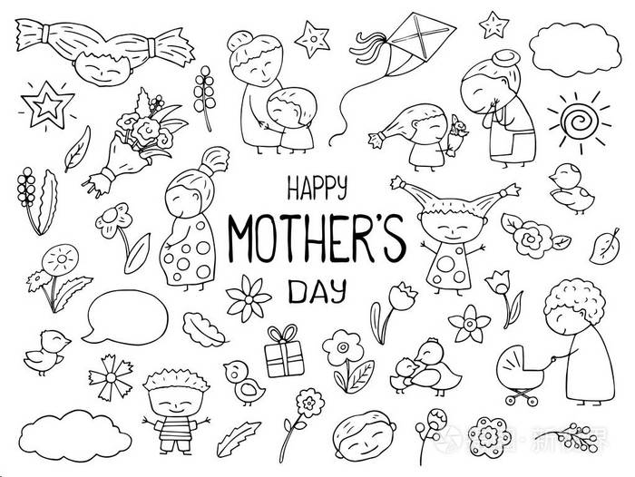 插画 母亲节快乐黑白矢量剪贴画.mom 和子级分级显示图标.